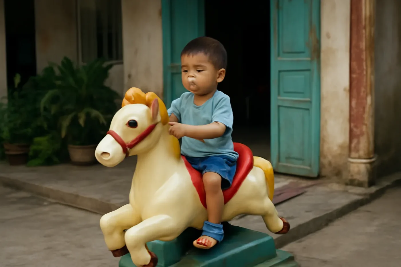 Bé chơi xe hình con ngựa trong nhà